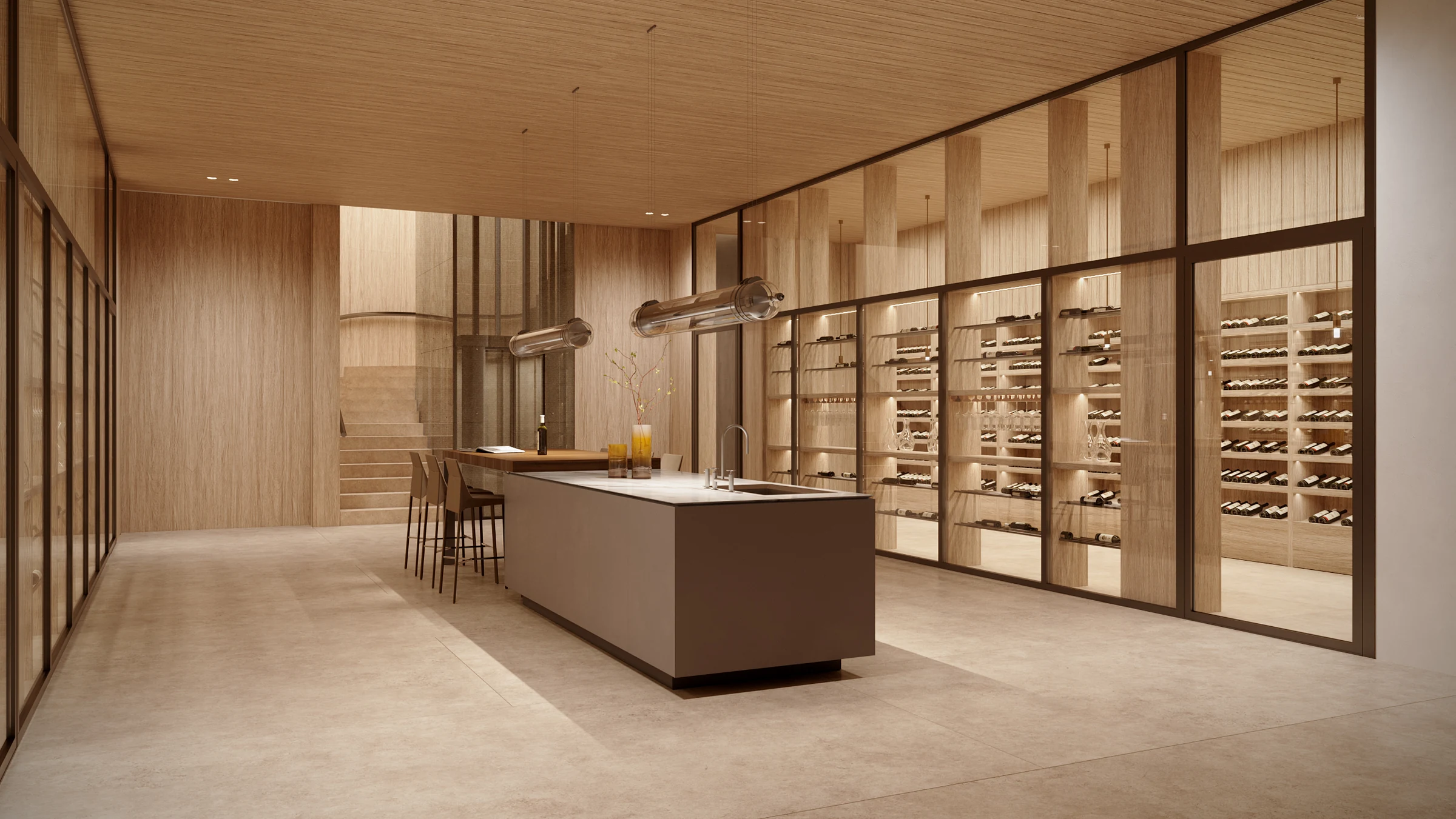 Chengdu Villa wine room with timber walls and display cabinets