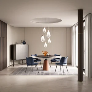 Dining room with a round table and blue chairs