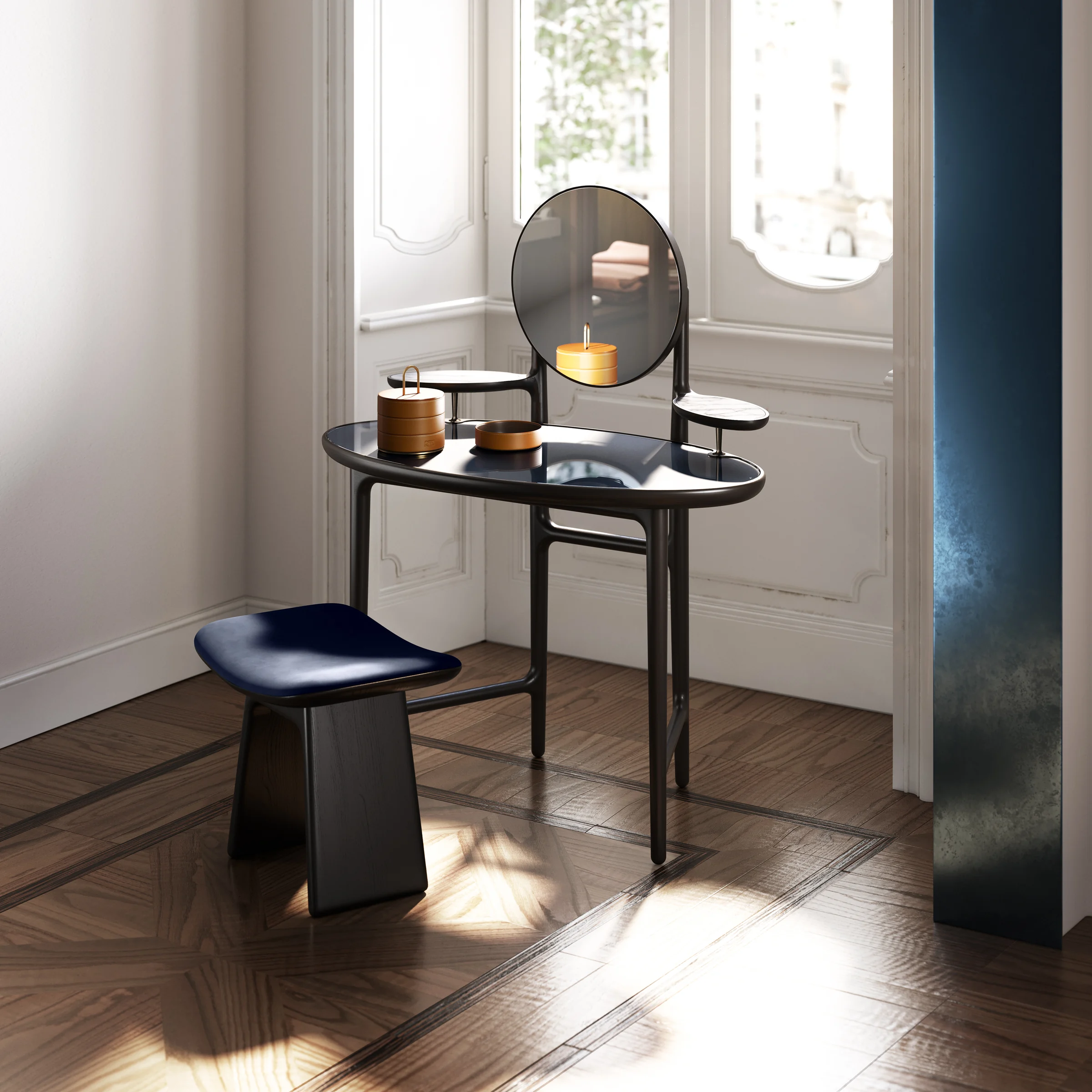 DUO 25 vanity table with round mirror and blue stool
