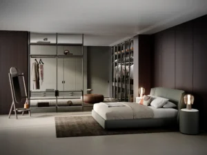 Bedroom and walk-in wardrobe in dark neutral tones