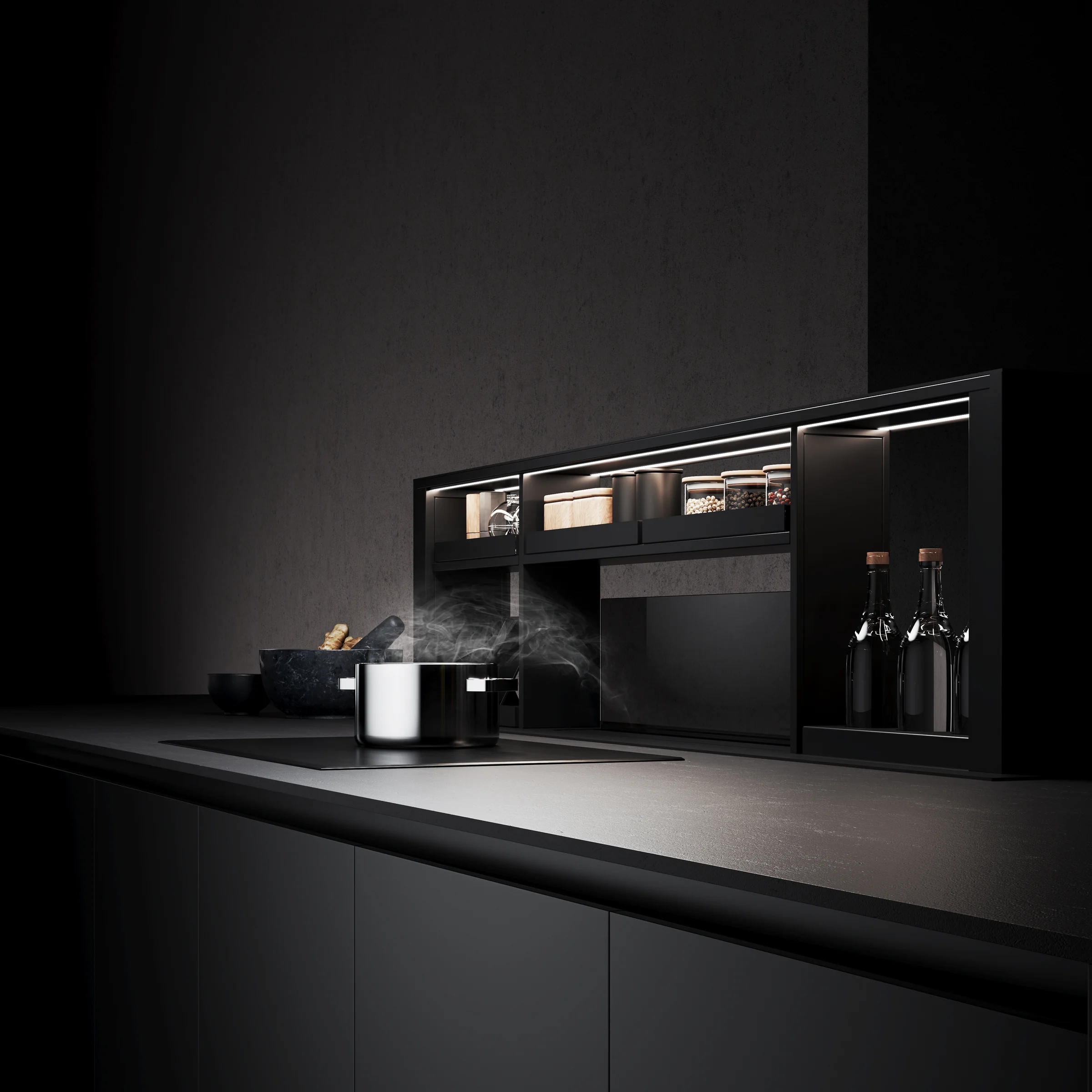 Copernico extractor behind a hob in a dark kitchen