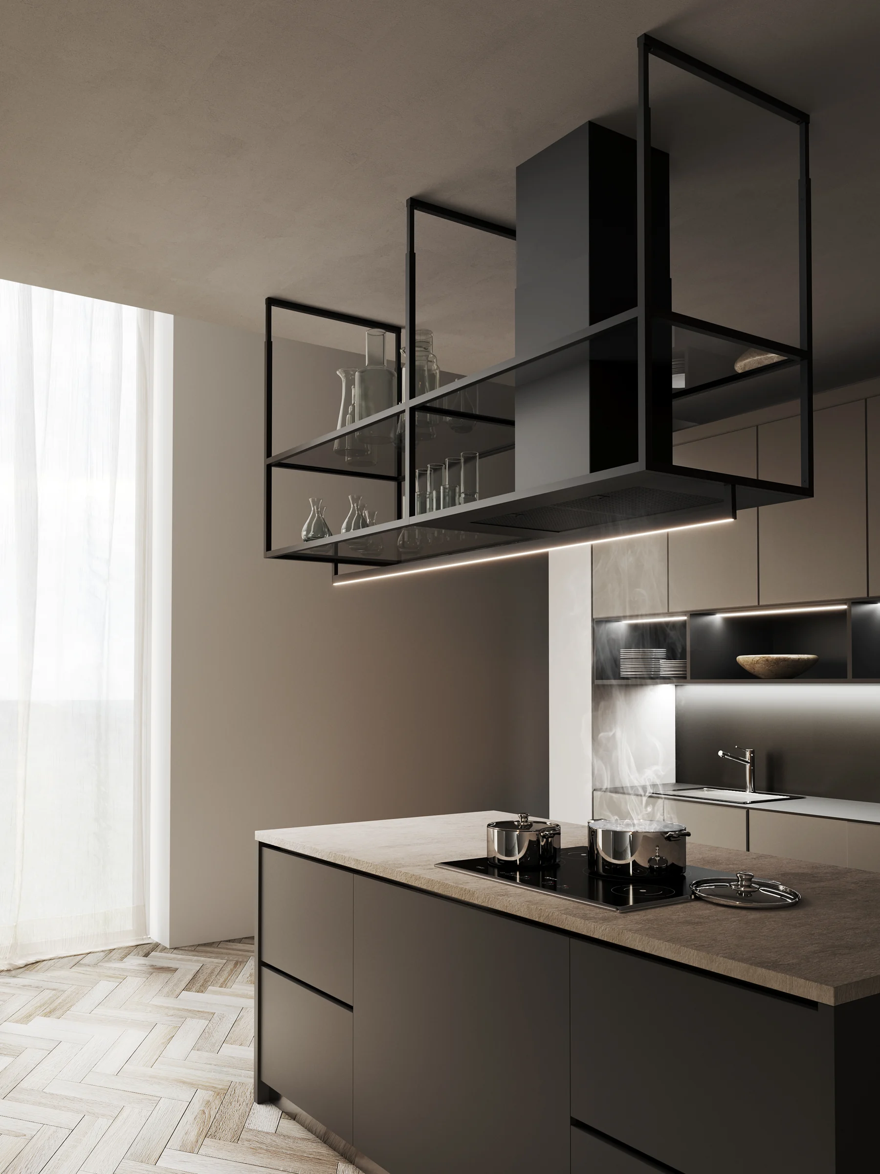 Ofiuco suspended extractor above a kitchen island