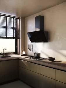Pictor angled hood in a warm kitchen interior
