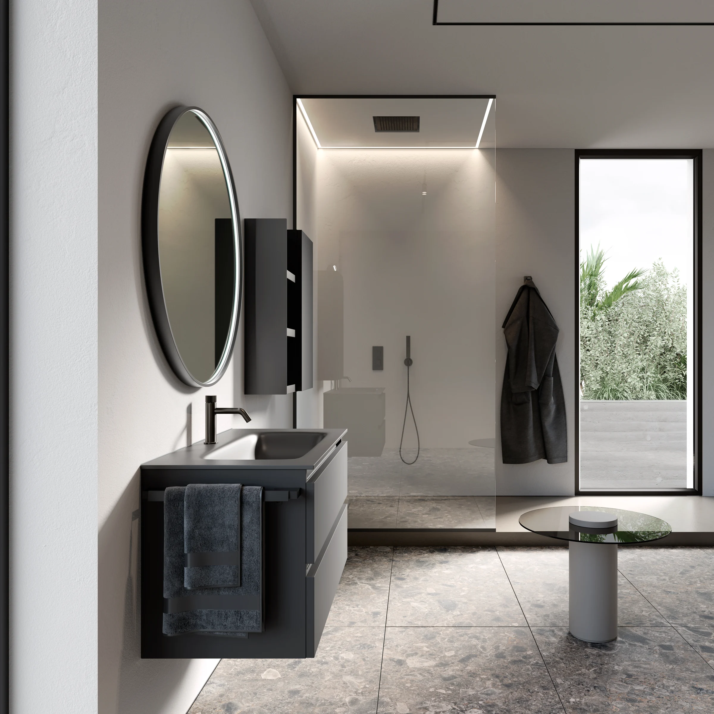 Gaia 13 vanity and shower in a dark palette