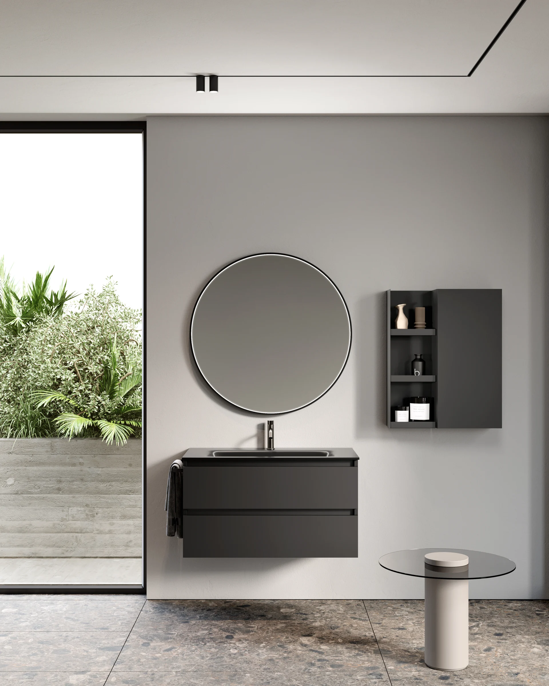 Gaia 13 vanity with round mirror beside a window