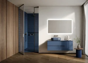 Gea 28 blue vanity with a rectangular illuminated mirror