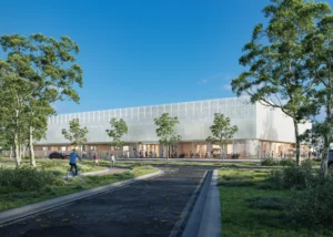 Geelong facade and landscaped public space in daylight