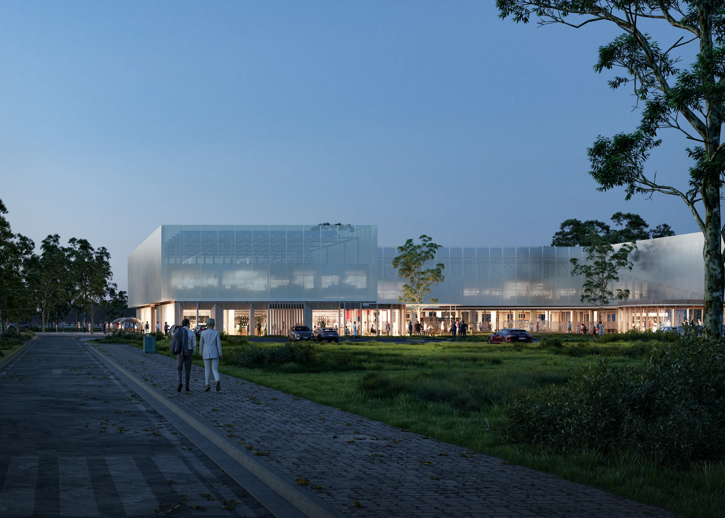 Geelong facade with interior lighting at dusk