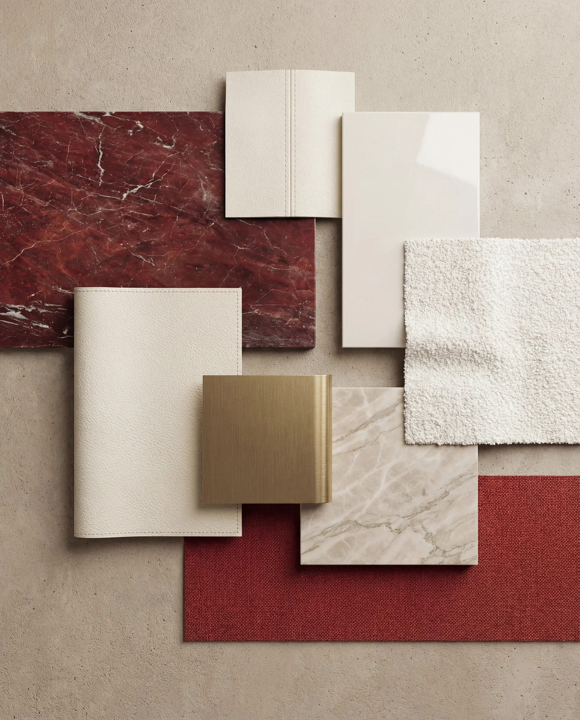 Burgundy textiles, metals and surface samples