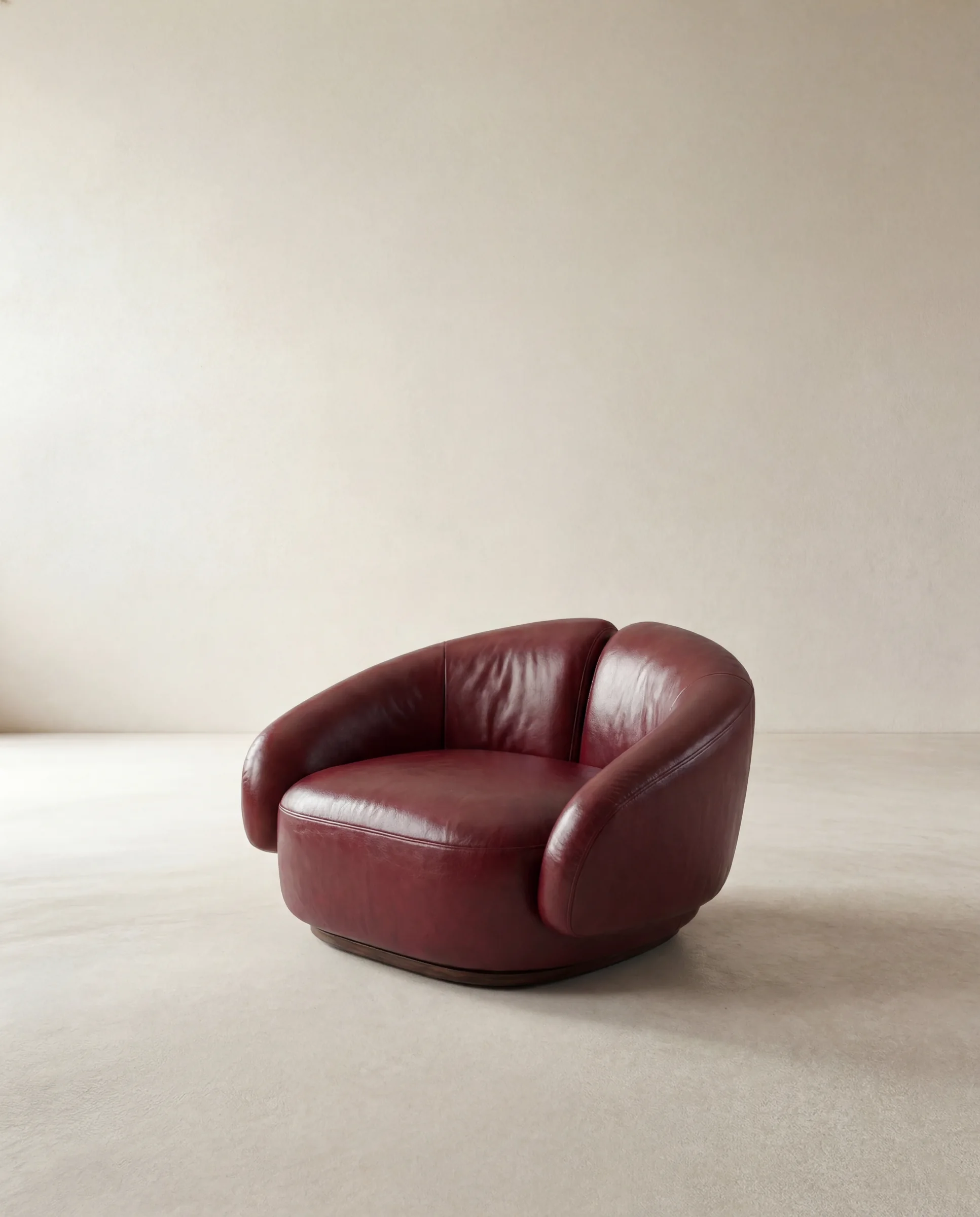 Burgundy armchair, three-quarter view