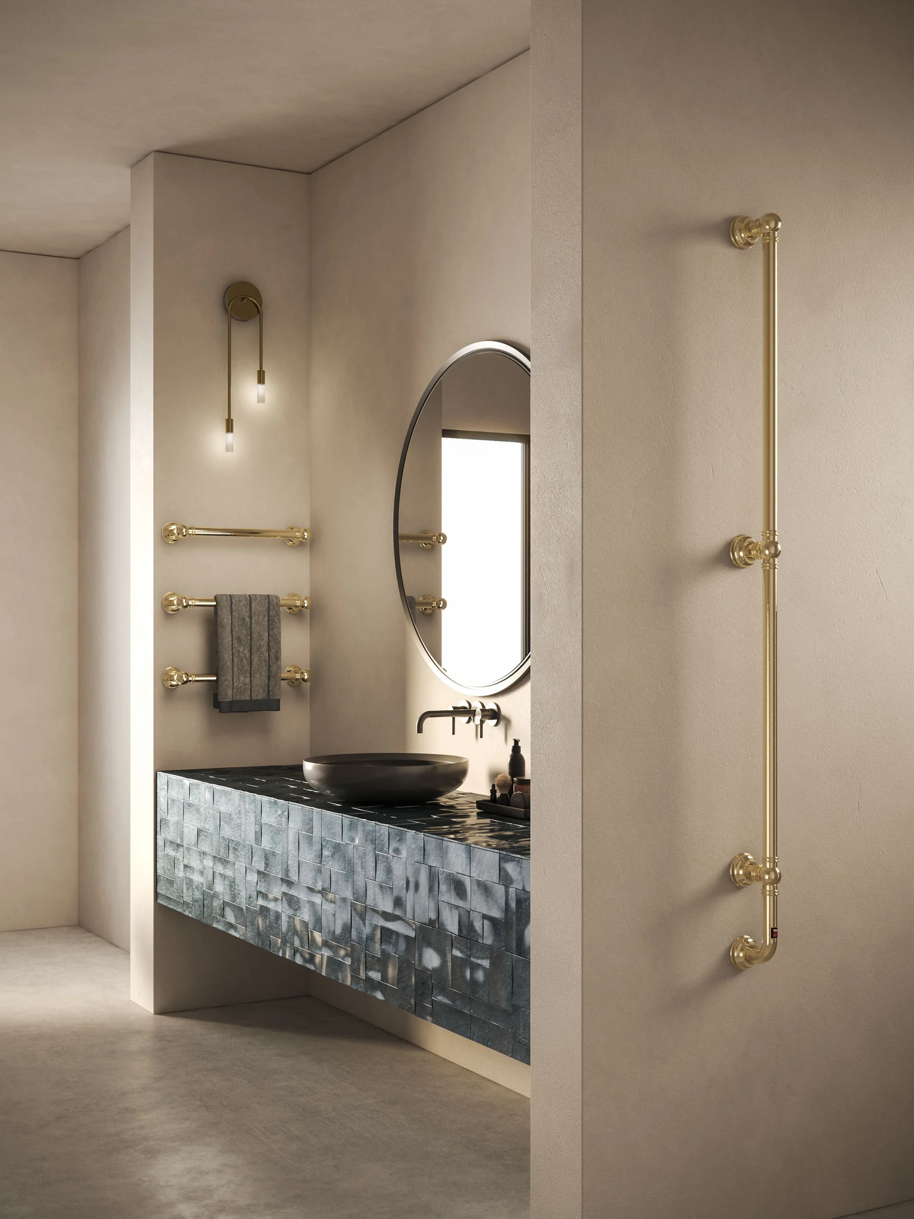 Margaroli brass vertical heating element beside a vanity