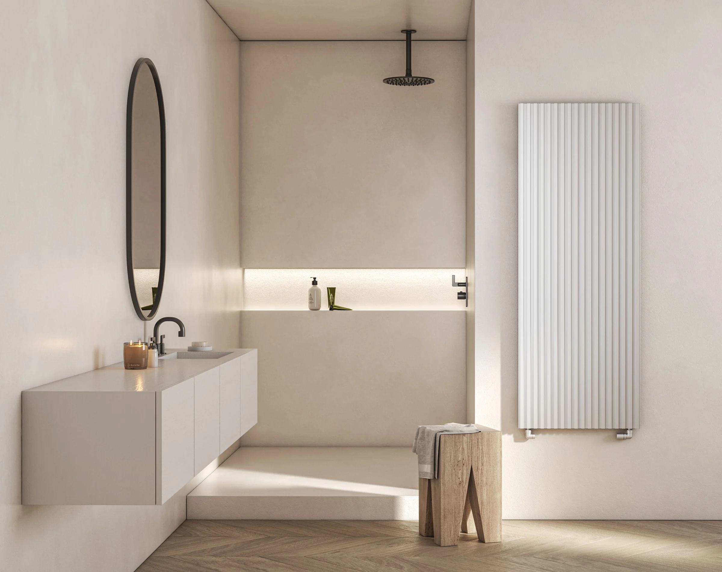 Margaroli white vertical radiator in a neutral bathroom