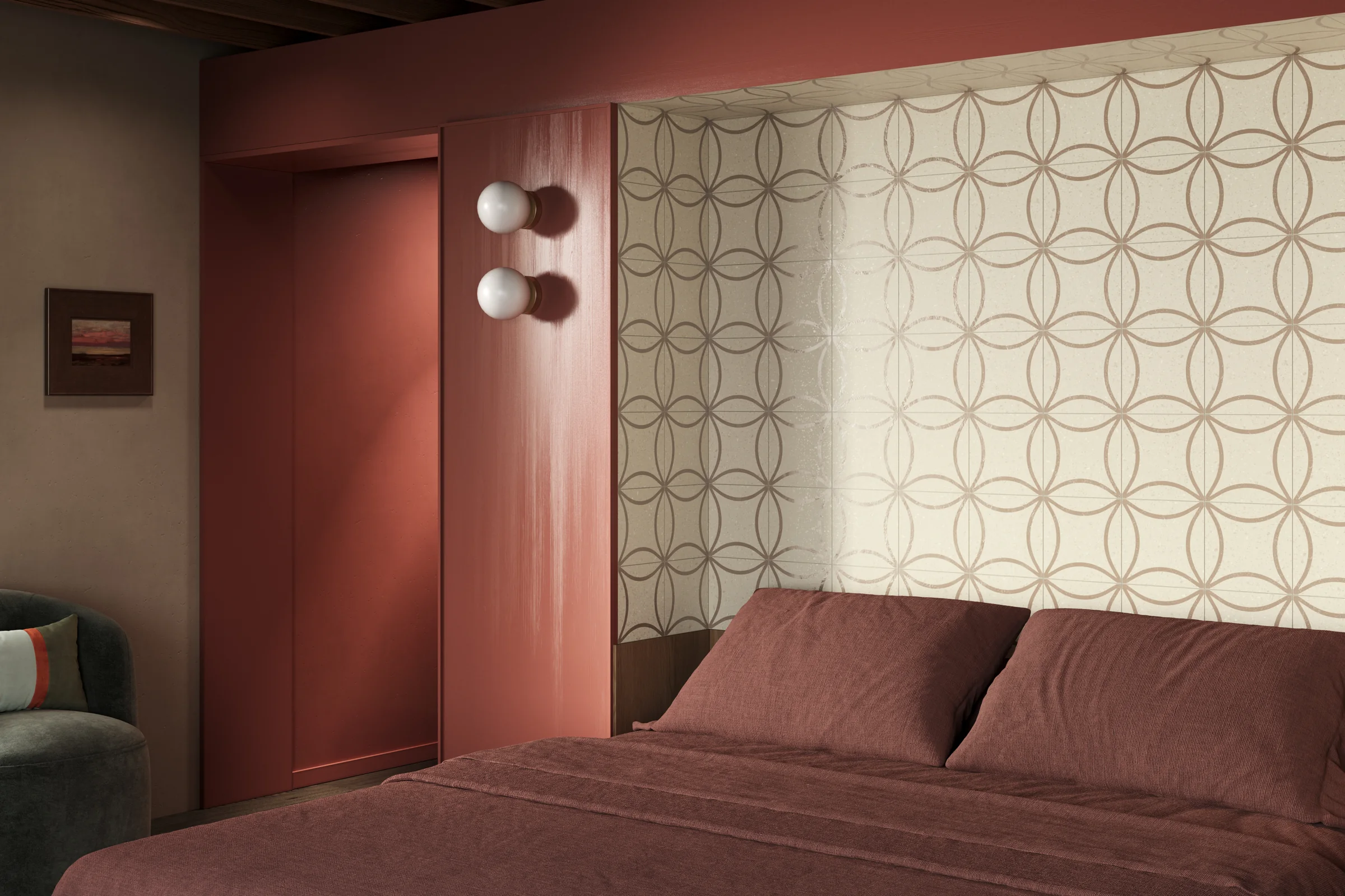 Bedroom with patterned wall and burgundy finishes