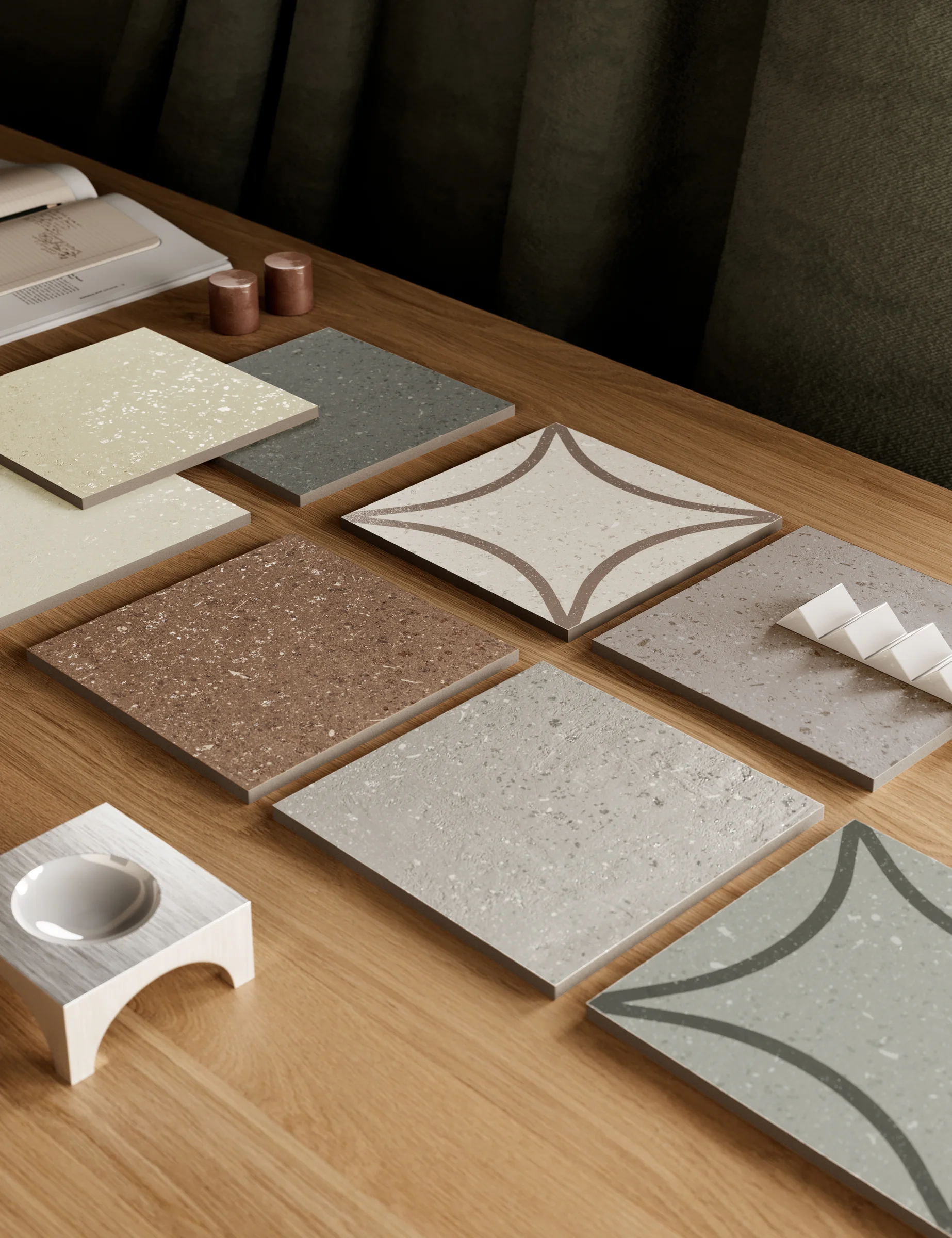 Patterned surface samples on a timber table