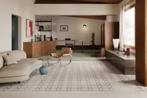 Living room with patterned flooring and timber finishes