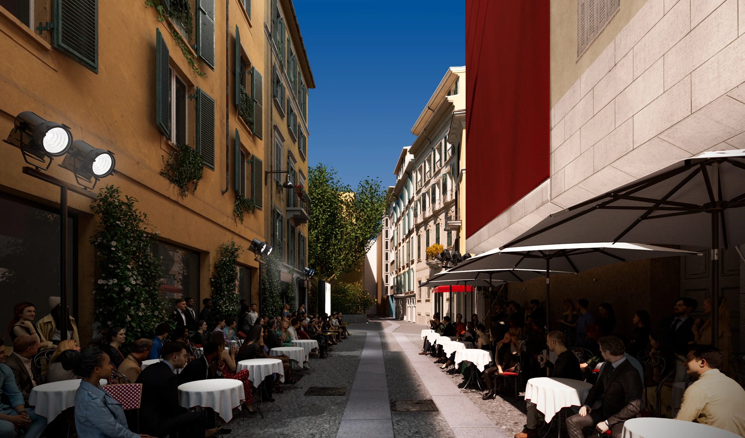 Strada di Milano con illuminazione per eventi e tavoli all’aperto