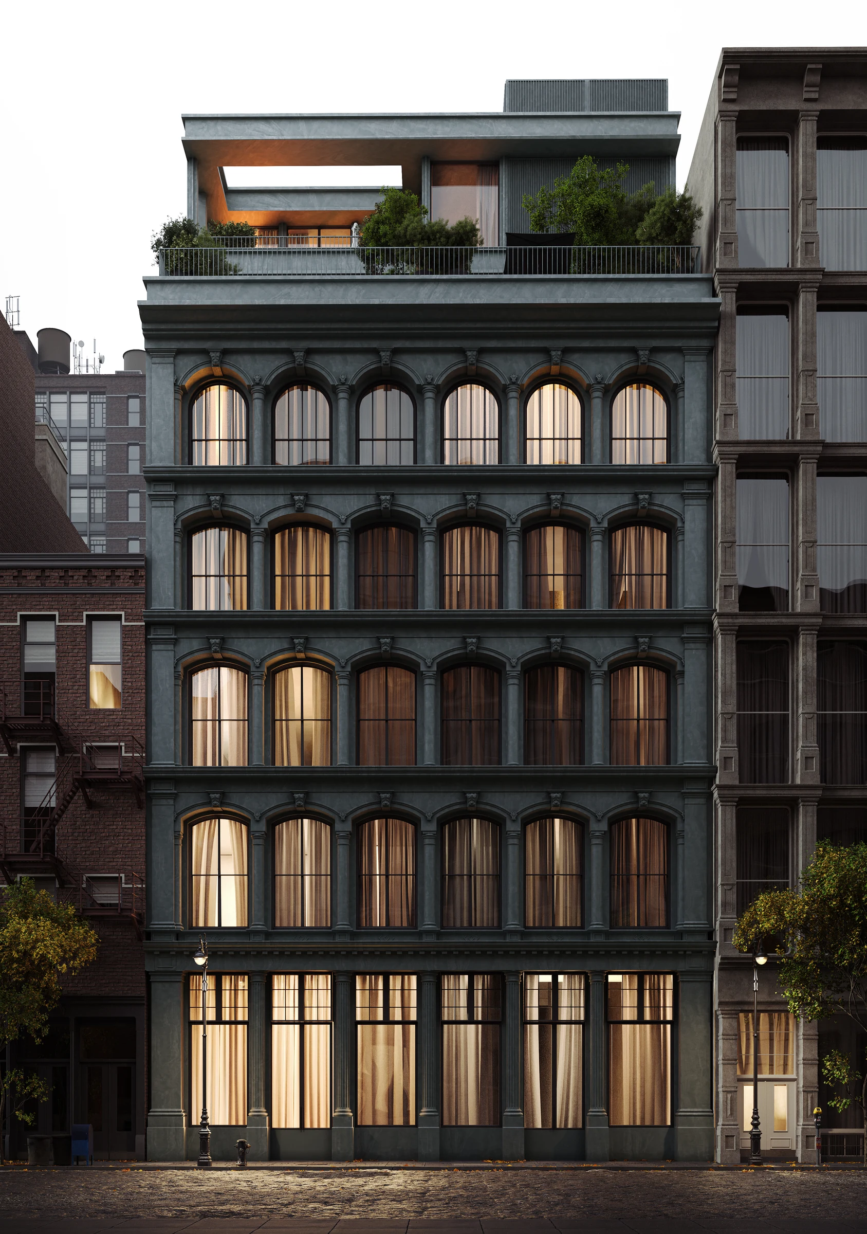 New York building facade with evening lighting