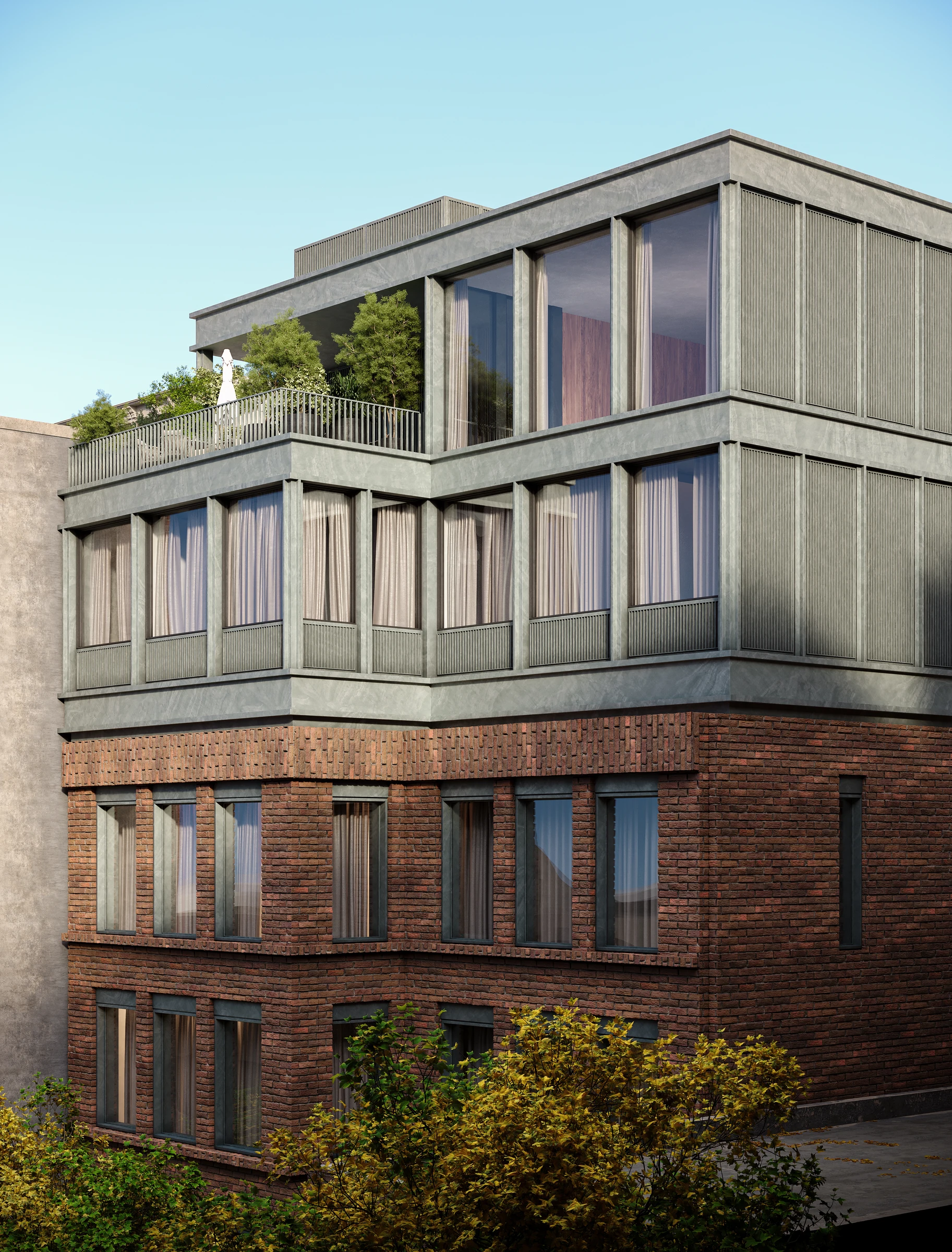 Upper terrace and metal-clad extension of a New York building